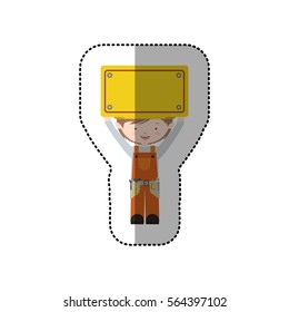 sticker avatar worker brown hair with toolkit and plaque up