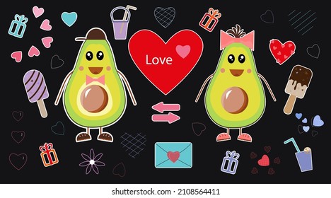 Sticker avocado love. Label with smiling fruits. Cool characters with a happy face. Stickers of ice cream, gifts, drink for a romantic holiday of love. Hipster avocado element for valentine. Vector