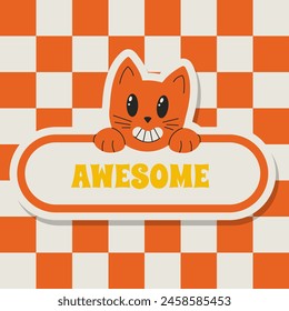 Sticker Awesome Positive Saying Vector Illustration in Retro Groovy Style
