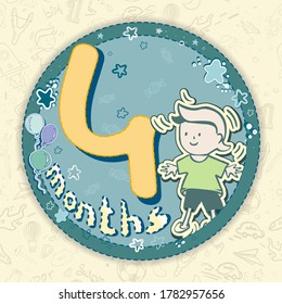 Sticker. The baby is 4 month old. Cartoon boy. Isolated icon, drawn by hand. Vector illustration of the subject on a blue background. Doodle style Element for scrapbooking, banners, postcards, etc.