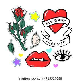 Sticker badge, pin, patch set collection. Text My baby, forever. Lips, eye. Rose branch, heart, ribbon, flower. Vector artwork. Vintage, retro concept. Black, white, red, blue color. Cartoon 90s style
