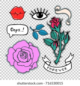 Sticker badge, pin, patch set collection. Text forever. Lips, eye. Rose branch, heart, ribbon, flower. Vector artwork. Vintage, retro concept. Black, white, red, blue, green color. Cartoon 90s style