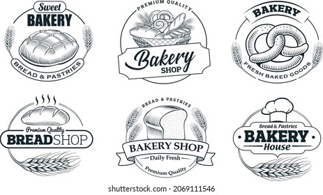 Sticker for bakery packaging. Bakery food item bread, baguette, pretzel, pastry, ears of wheat	
