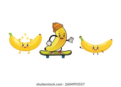 sticker banana vector designs in cool yellow color. Trendy cute smile patch.
