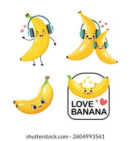 sticker banana vector designs in cool yellow color. Trendy cute smile patch.
