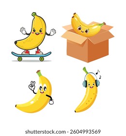 sticker banana vector designs in cool yellow color. Trendy cute smile patch.
