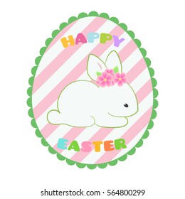 Sticker, banner, badge with white Easter rabbit. Cute Bunny in Egg shape. Bright colors.