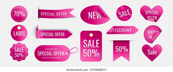 Sticker banner, shop tag. 3D ribbon label, sale special offer, new price badge design, pink promo. Paper different forms, discount icon. Sign best deal. Shopping marketing promotion. Vector element