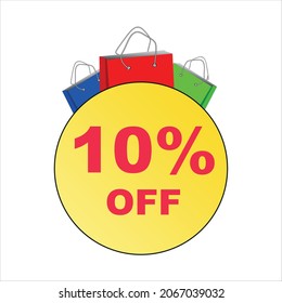 Sticker banner special offer 10% off. Discount and sale. Shop bag and yellow circle