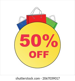 Sticker banner special offer 50% off. Discount and sale. Shop bag and yellow circle