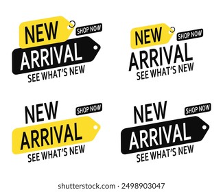 Sticker banner template with new arrival announcing message collection. Poster advertising assortment replenishment and updating in online shop or store.