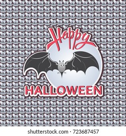 Sticker with a bat on the background of the moon. Halloween. Happy Halloween. Emblem, sticker for the holiday on a gray knitted background. Design for children's clothes decoration.
