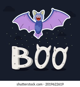 Sticker bat and the words Boo. Halloween concept. Vector illustration