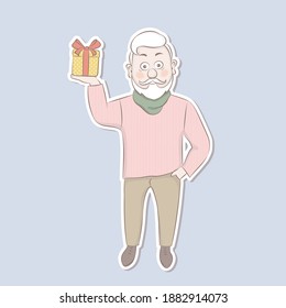 Hombre mayor pegajoso con barba sosteniendo una caja de regalo. Diseño de dibujos animados de ilustraciones vectoriales.