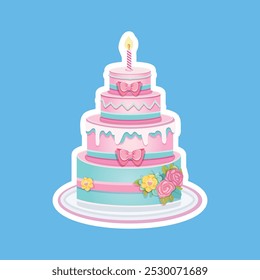 Sticker of beautiful colorful four tier Birthday cake with candle, pink bow and flowers. Poster, Banner, Flyer, Greeting Card. Vector illustration in flat cartoon style.