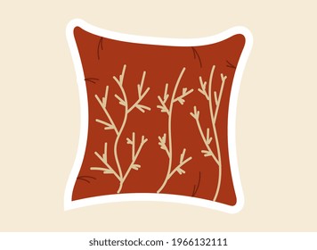 Sticker with beautiful sewing pillow with flowers on cloth. Concept of sewing or needlework stickers with fabric, yarns, dress, accessories. Flat cartoon vector illustration