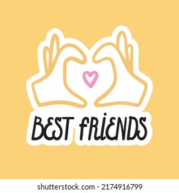 Sticker best friends. Two hands folded in a gesture with a heart. Outline image of two hands in doodle hand drawn style. White stroke.