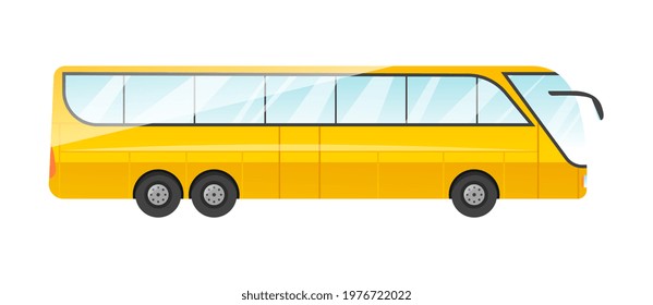 Sticker of big yellow sightseen bus isolated on white background. Passenger car side view. Concept of different colorful vehicles of different body type. Flat cartoon vector illustration