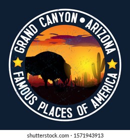 Sticker with a bison and the landscape of the Grand Canyon. For design and cards.