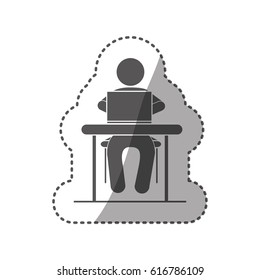 sticker black silhouette pictogram sitting in desk with computer vector illustration