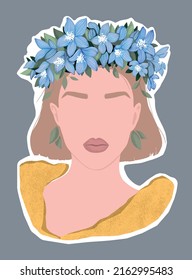 Sticker with a blonde woman in a wreath of blue flowers in a yellow blouse. flat modern illustration for poster, magazine, book cover