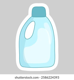 Sticker with blue bottle with cleaning or washing detergent, vector