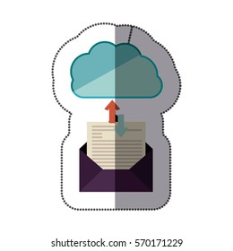 sticker blue cloud with arrows in opposite direction shape with blank paper envelopes transfer information
