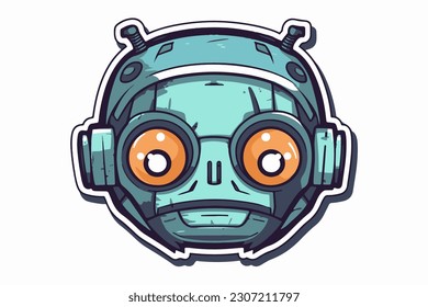 Sticker of blue metal robot face looking at the camera. Sci-fi robot character design concept. Perfect for T-shirt, advertisement, brand, logo or stickers. Isolated, on white background.