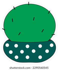 sticker. bookmark. round cactus with needles. in a pot with white circles.
vector.