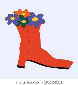 sticker of boots with flowers. A bouquet of daisies was inserted into the boot. Hippie style 60s and 70s. Silhouette for plotter