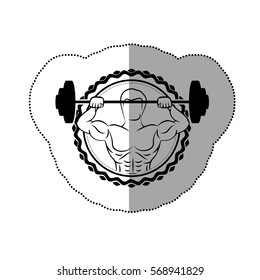 sticker border with black contour muscle man lifting a disc weights