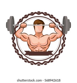 sticker border with muscle man lifting a disc weights and label