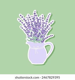 Sticker bouquet of lavender in a jug. Vector illustration in a flat style