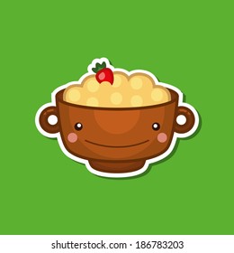 Sticker. Bowl, a cup, a plate of porridge. Oatmeal, wheat, strawberry, berry. Breakfast. Vector illustration. Used as a sticker on the phone and other objects. Cute, smiling.