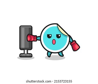 sticker boxer cartoon doing training with punching bag , cute design