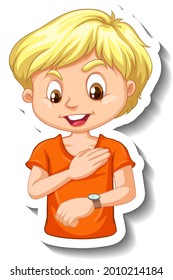 Pegar a un niño personaje de caricatura mirando la ilustración de un reloj de pulsera