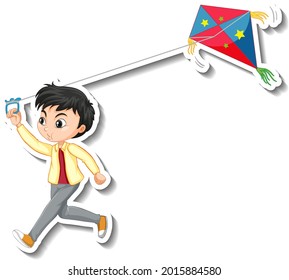 Sticker a boy playing kite cartoon character illustration