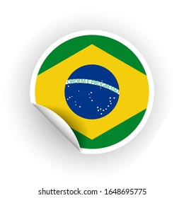 Sticker of Brazil flag with peel off corner isolated on white background. Paper banner or circle curl label sticker with flip edge. Vector color post note for advertising design