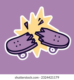 Sticker broken skateboard in half. Urban freestyle culture, print for t-shirt, youth culture, Vector simple stroke style.
