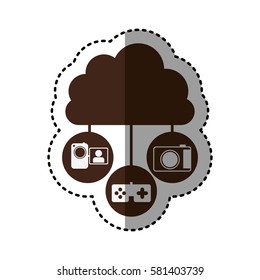 sticker brown cloud in cumulus shape connected to tech device vector illustration