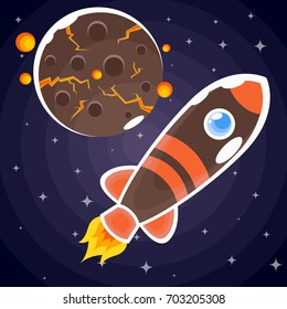 A sticker of a brown rocket with orange stripes and blue portholes that flies past a brown planet with four satellites