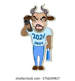 Sticker Bull, ox symbol of 2021. Chinese horoscope. Cartoon sports physique Bull in a t-shirt and pants with a bag talking on a cell phone. Vector illustration