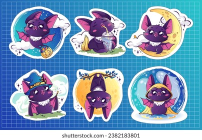 Sticker bundle funny  bats for Halloween. Characters in Halloween costumes. Cute kawaii animals for holidays. 