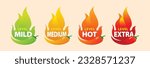 Sticker Bundle of vector spicy food levels, pepper sauce or mild, medium, spicy, and extra spicy food grade stickers. Hot red pepper icon set with fire flame.