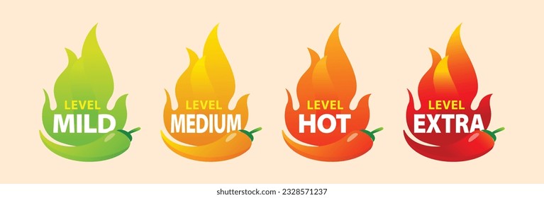 Sticker Bundle of vector spicy food levels, pepper sauce or mild, medium, spicy, and extra spicy food grade stickers. Hot red pepper icon set with fire flame.