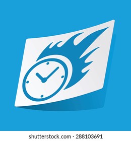 Sticker with burning clock icon, isolated on blue