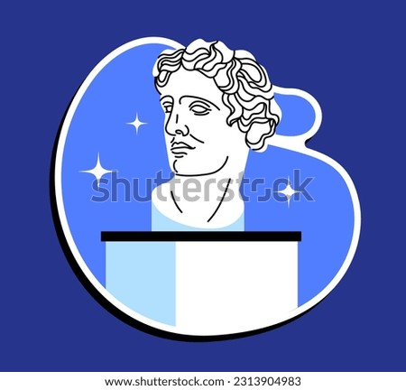Sticker with bust in museum. Ancient relic and fossil, culture of ancient rome and greece, ancient god. Exhibition or gallery. Historical object. Cartoon flat vector illustration