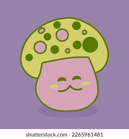 Sticker, button, banner with green mushroom with cute funny face in hippie style