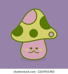 Sticker, button, banner with green mushroom with cute funny face in hippie style