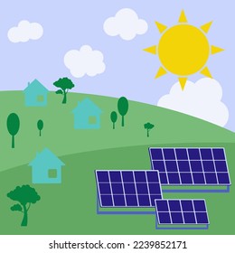 sticker, button on the theme of renewable energy with solar panels, sun, green landscape and clouds